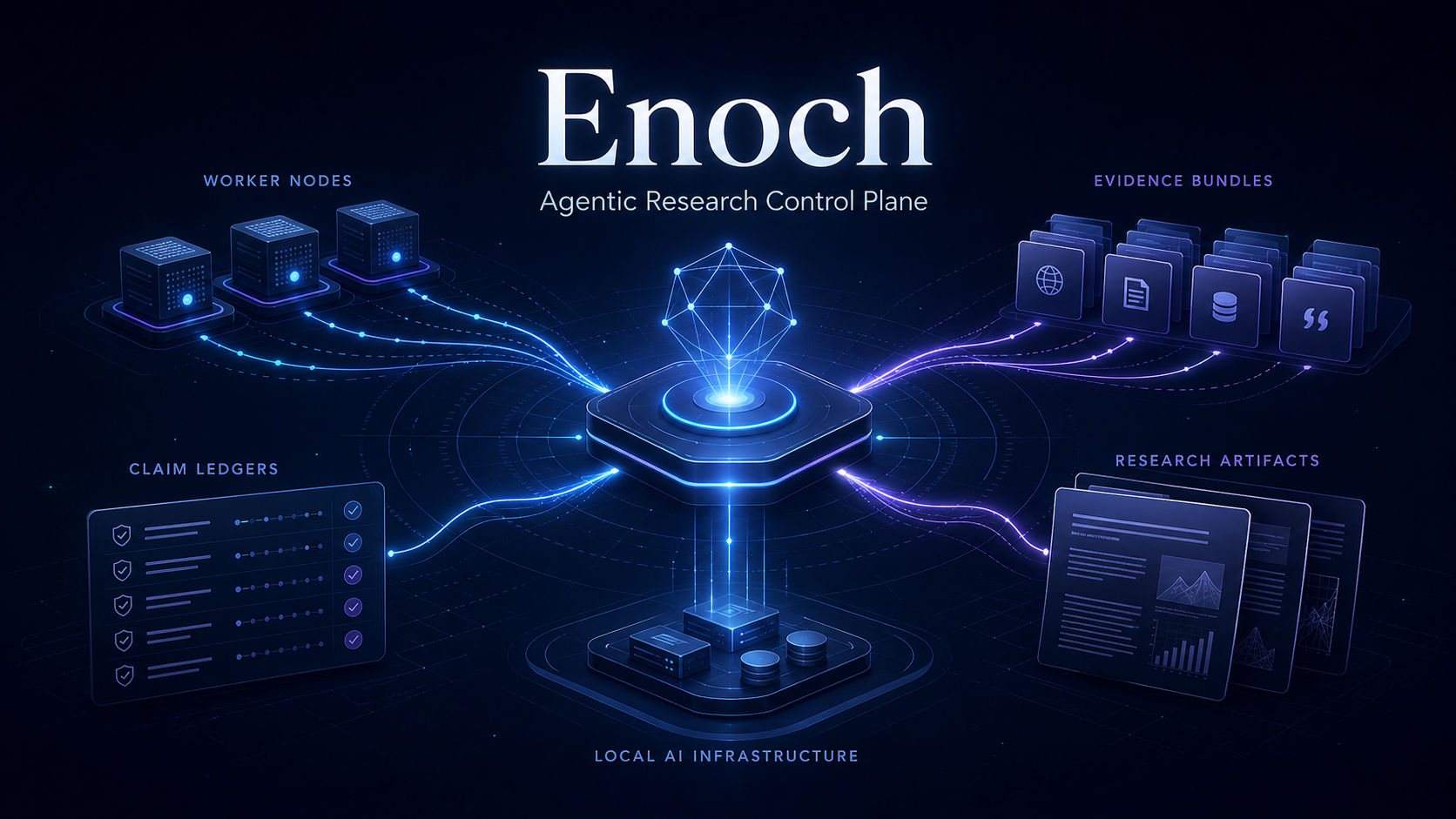 Generated Enoch hero graphic showing a control plane coordinating worker nodes and artifact bundles